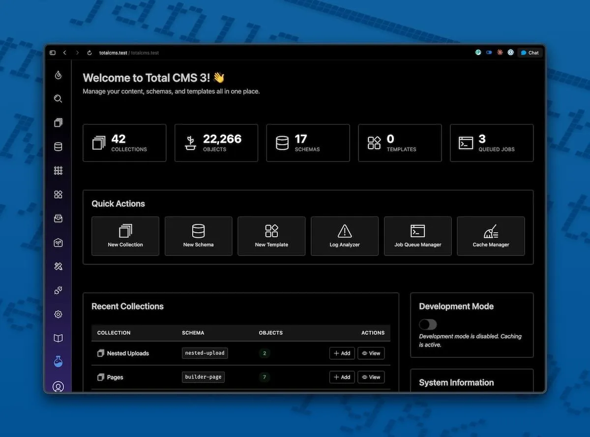 The Total CMS admin dashboard